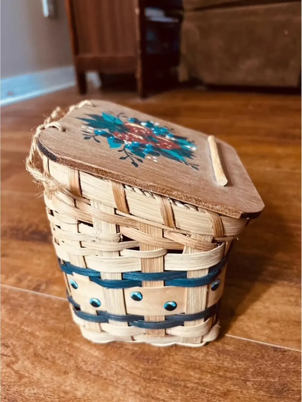 Handwoven Wooden Basket with Painted Lid and Decorative Accents
